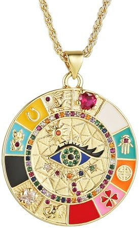 HZMAN Evil Eye collier pour les femmes Retro émail 18K plaqué or rond médaille collier pendentif bonne chance Amulet bijoux cadeau