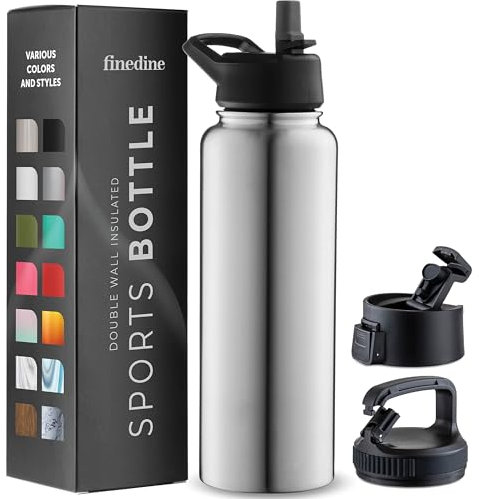 1180ml Triple Walled, Insulated Water Bottles with Straw - Stainless Steel Metal Bottle W/ 3 Leak Proof Lids - For Travel, School, Sports, Gym/Men, Women (Brushed Stainless Steel)