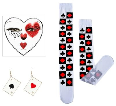 ASFWAGQ Karneval Kostüm Magier Poker Pokerkarten Porkerkarten Ohrringe Queen of Hearts Casino Party Porkerkarten Herzkönigin Halterlose Strümpfe Königinnen der Herzen für Faschings Accessoires