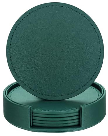 ELLECILA 6 Pack Leather Drink Coasters Set with Holder - Dark Green Waterproof Cup Coasters for Home, Office, Bars, Luxury Tabletop Protector & Housewarming Gifts (Non-Slip Base, Easy Clean)