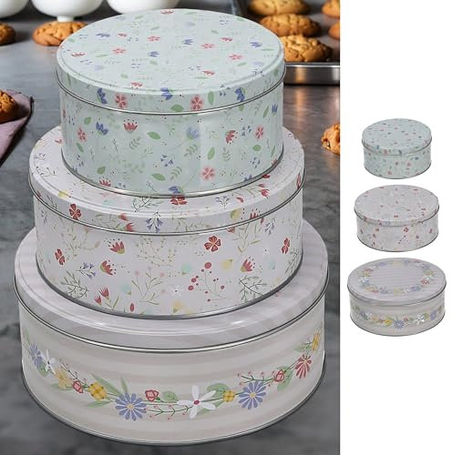 Cepewa Gebäckdosen florale Muster 3er Set | 3 Größen Metall rund | Keksdose Blumenmuster mit Deckel (Floral)