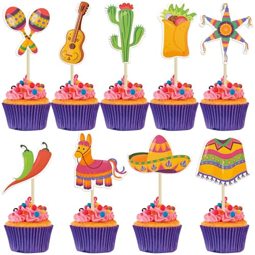 Ephlyn Cupcake-Aufsätze, mexikanische Fiesta, Kaktus, Esel, Maraca, Sombrero, Gitarre, Cupcake-Picks, mexikanisches Fiesta-Thema, Babyparty, Geburtstag, Party, Kuchendekoration, Zubehör, 36 Stück
