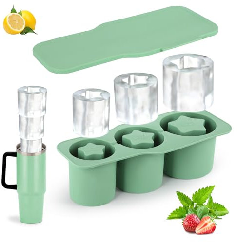 Eiswürfelform Silikon für Stanley Cup Zubehör, 3 Fach Thermobecher Eiswürfelbehälter mit Deckel, BPA Frei, für 20oz 30oz 40oz Tumbler, Cocktails, Whiskey, Getränke, Kaffee (Grün)