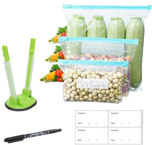 Slider Ziplock Bag (100-Pcs), Reusable Freezer Bags Set – Large, Medium, Small Plastic Bags, 10 sticker Labels, bag holder & Pen – BPA-Free, Food Storage Bag