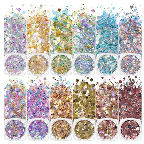 Festival Glitz Gesicht 60g, 12 Farben, Glitzer Gel Gesicht Body Glitter Gel Chunky Sequin Face Body Glitter DIY Pulver Set Schminke Set Ideal Für Dekoration, Karten, Papier