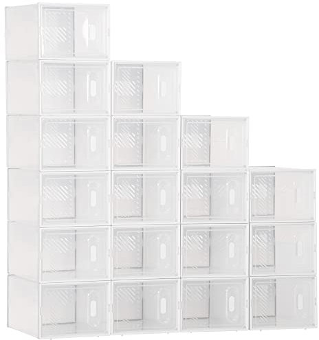 HOMCOM Schuhboxen stapelbar 18 Stück Schuhkarton mit Lüftungsöffnungen Schuhaufbewahrung Schuhablage für Stöckelschuhe, Stiefeletten, bis Größe 43 Transparent Weiß