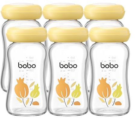 YOHKOH Botellas de cristal premium para leche materna, 4 x 160 ml, para almacenamiento seguro de leche materna, apto para lavavajillas, congelador y microondas (4 unidades, 160 ml), color amarillo