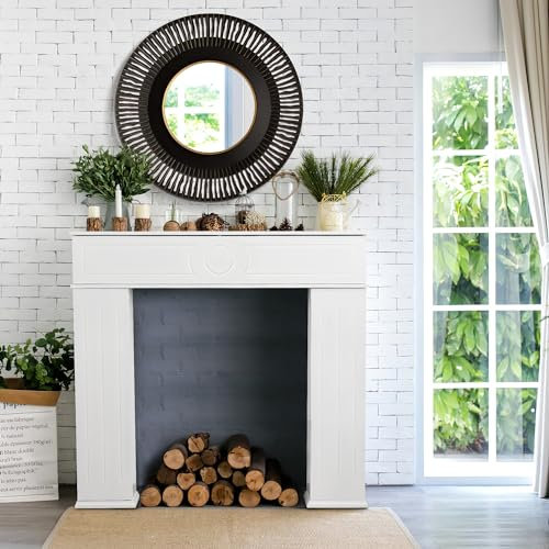 Marco de chimenea, mueble de chimenea 107 x 18 x 100 cm, chimenea decorativa independiente, chimenea decorativa con almacenamiento, capa de chimenea con tres puertas, color blanco