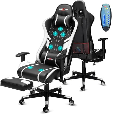 Douxlife Gaming Stuhl, mit 7 Punkt Massage, Fußstütze, Ergonomischer Bürostuhl, 90-175° Rückenlehne Einstellbar, Verstellbare 2D Armlehne, PC Gamer Stuhl Schreibtischstuh, 180KG, Schwarz Weiß