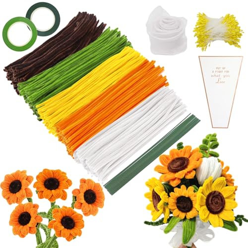 YSUVIN Pfeifenputzer Zum Basteln, 400 StüCk Pfeifenreiniger Blumen, 4 Farben Gelb Braun Pfeifenreiniger Zum Basteln mit Blumendraht, Blumen Staubblatt, Blumentasche für DIY Sonnenblumen Dekor
