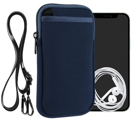 kwmobile Estuche de Neopreno Universal para Smartphone - Funda con Cuerda Doble Cremallera mosquetón para Llaves y Bolsillos - Azul Marino