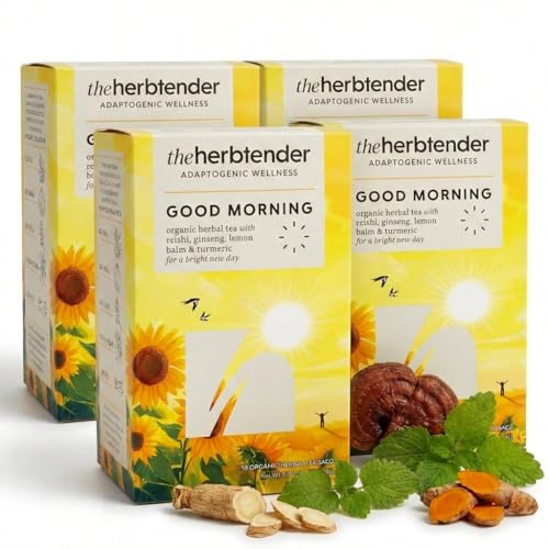 Good Morning Organic Lemon Balm Tea Bags with Ginseng & Turmeric – 72 x Herbal Rosemary Tea – Caffeine Free Flavoured Tea Bags Individually Wrapped – Organic Tea Box – Plastic-Free Herbal Teas
