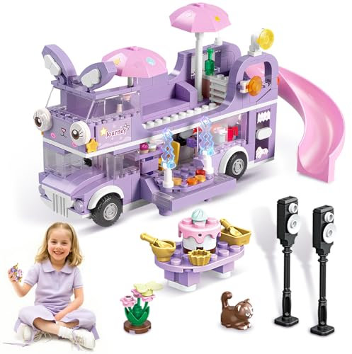 Charmofun Wohnmobil Bausteine Spielzeug, Friends Mädchen Wohnwagen Bausteinset mit Aufklebern, Campingbus Wohnmobil Baustein, Geschenke für Mädchen ab 6 Jahren (Kaninchen)