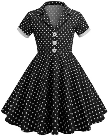 Kids Notch Lapel 50s Dress for Girls Vintage Retro 1950s Polka Dot Dresses for Girls 50's Rockabilly Swing Outfit V Neck A Line Short Sleeve Button up Skirt Youth Button up (Black, 11-12 Years)