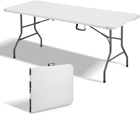 TEENO Klapptisch 180x74x74 cm,6 oder 8 Personen,mit Sicherheitsverschluss, Tragegriff, Weißer Gartenklapptisch, Ideal für Buffets, Feiern und Camping