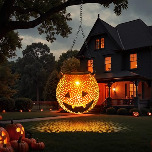 Halloween Solarlampen für Außen Hängend,Metall Kürbis Solar Laternen für Draußen,IP45 Wasserdicht Halloween Solarleuchten Gartendeko mit Haken & Kette,Solarlaterne für Terrasse Balkon Hof Fest Deko