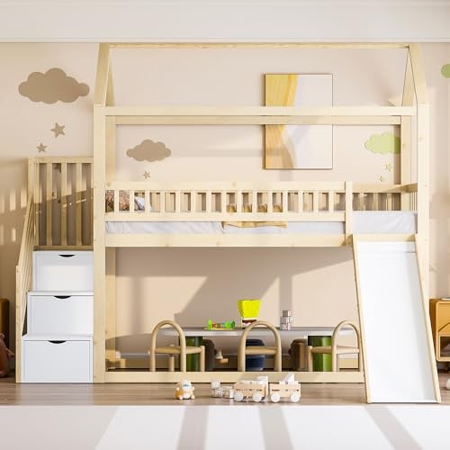 Etagenbett 90x200, Kinderbett Hochbett mit Rutsche & Treppe & Stauraum, Massivholz Hausbett Bodenbett mit Rausfallschutz & Lattenrost, Kinderhochbett Stockbett Jugendhochbett Loft Bett, Holzfarbe