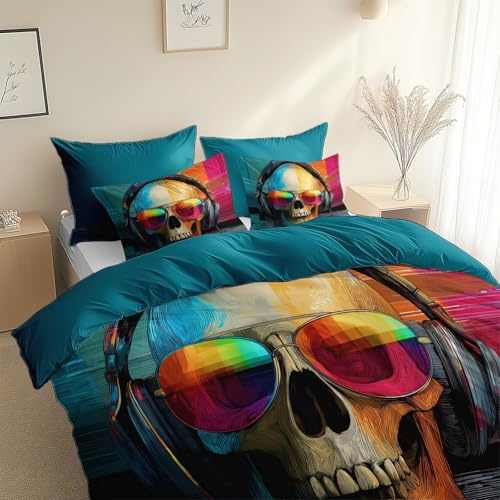 Generisch Bettwäsche 135 x 200 cm 2-teilig Allergiker Microfaser Bettwäsche Set, 1 Bettbezug und 1 Kissenbezug weiche Stoffqualität für Sommer und Winter, Türkis Zeitgenössisch Totenkopf Musik