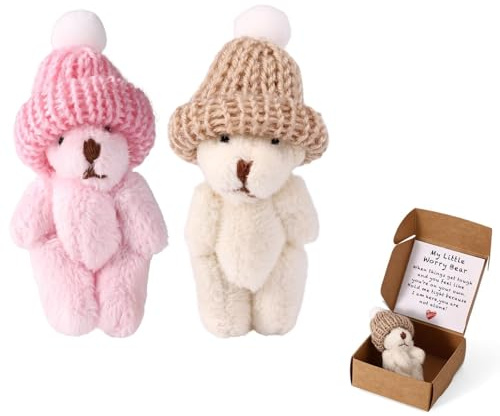 TOYMIS 2 Sets Kleiner Bär in Schachtel mit Hut, Entzückender Mini-Bär mit Mutmachkarte Lustige Inspirierende Puppe für Schreibtisch Schlafzimmer Dekoration (Rosa, Weiß)