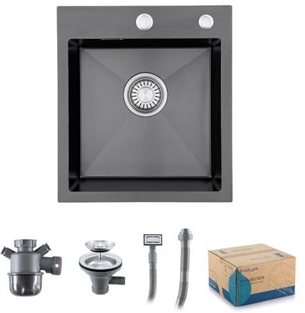 Kitchen Sink with Waste Kit, 2 Tap Holes Stainless Steel 304 Thick Deep Basin Single Bowl, Sinks with Strainer Overflow for Home Kitchen Campervan Utility Room Bar Nano Black 40×45 cm