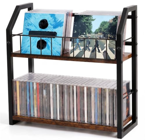 NONETO Large Wooden 2 Tier CD Storage Rack for CD Dispaly | Vintage CD and DVD Storage for CD Dispaly, Desktop CD Shelf Stand Holds Up to 85 CDs or DVDs for Home Decor