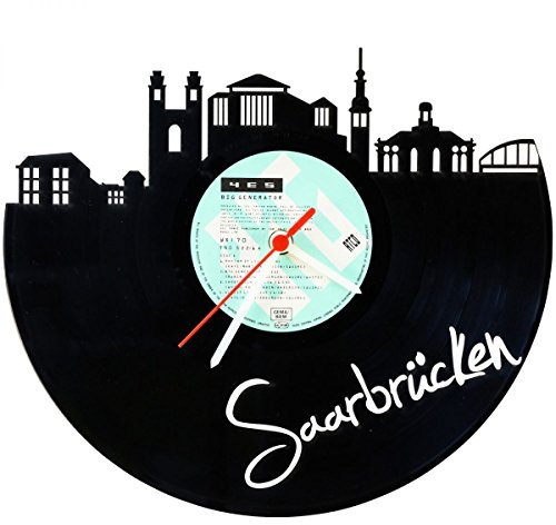 GRAVURZEILE Schallplattenuhr - Skyline Saarbrücken - Wanduhr aus gegossenem Vinyl mit Stadt Skyline 30 cm - Upcycling Design-Uhr Wand-Deko Vintage Wand-Dekoration Retro-Uhr - Made in Germany