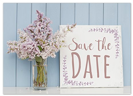 10 x Save the Date Karten mit Umschlag/Blumenstrauß vor Schild/neutral/Party/Geburtstag/Jubiläum/Einladung/Verkündung