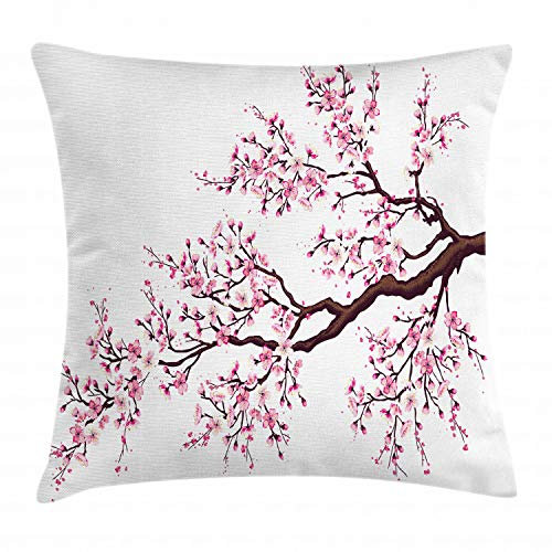 ABAKUHAUS Japan Kissenbezug, Sakura Zweig Blüten, Dekorative Kopfkissenhülle mit Beidseitigem Druck Reißverschluß Waschbar, 60 x 60 cm, Dunkelbraun Rosa