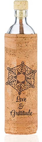 FLASKA | Botella de agua cristal programado | 500 ml | Masaru Emoto Peace Project | Estructura el agua | Funda de corcho | Bebidas Frías y Calientes | sin BPA | Ecológica | Deporte, Oficina, Yoga