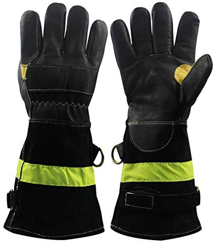 Langlebige Feuerwehrhandschuhe aus Leder, hitze-/feuerfest, wasserabweisend, mit reflektierendem Riemen, feuerfest, schwere Arbeitshandschuhe
