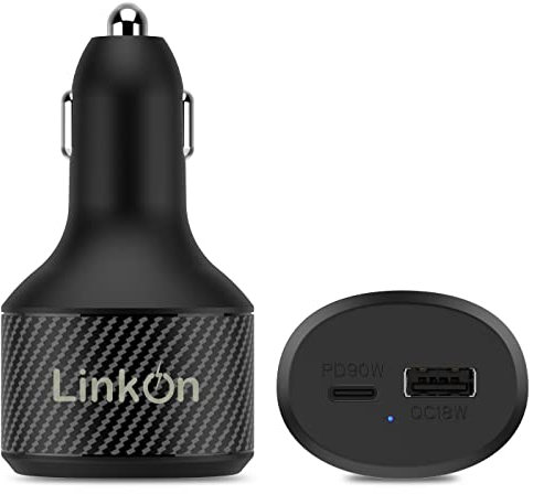 LinkOn 112.5W USB-C Car Charger with 90W PD3.0 PPS and 18W QC3.0 ports Compatible with MacBook Dell HP Lenovo Samsung Huawei FCP SCP Apple iPhone iPad