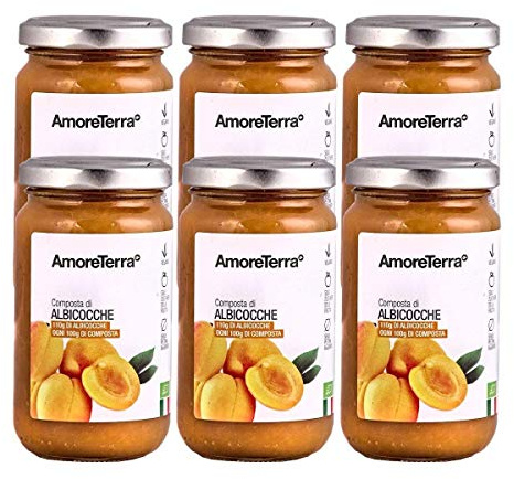 AmoreTerra (6 Pz.) marmellata, composta di Albicocche BIO senza zucchero, 220g, senza pectina, marmellata, biologica, 110g di frutta per 100g di prodotto
