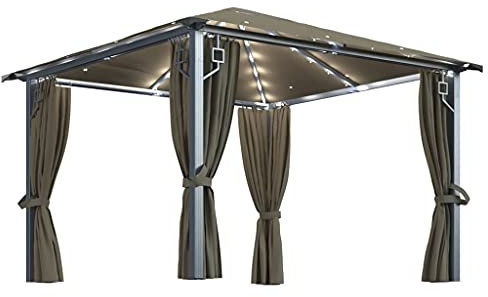 vidaXL Tonnelle avec Rideau et Lumières LED Belvédère de Jardin Pavillon d'Extérieur Tente de Réception Chapiteau Barbecue 3x3 m Taupe Aluminium