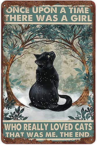 A Girl Who Really Loved Cats Fun Tin Sign Black Cat Wall Art Cat Into The Forest Wall Decor Love Cat Poster Cat Mom Gift for Home Office Bedroom Bathroom 8x12 Inch