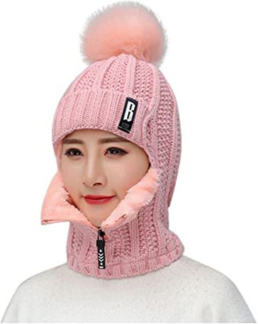 Zhiyao Beanie Strickmütze Hat Herren Damen Winter Mütze Bommelmütze Wintermütze warm gefüttert Ohrenschützer Hinzufügen Beflockung Thermal Radfahren mit Bommel-Mütze, Einheitsgröße, Rosa