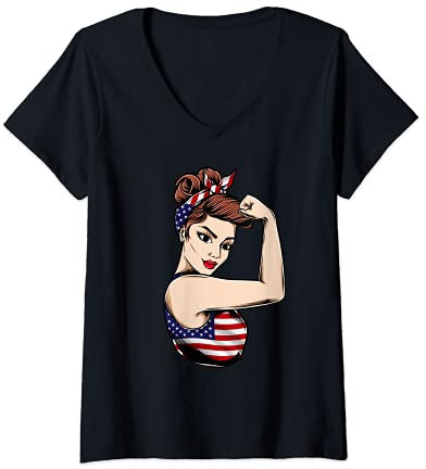 Damen American Unbreakable - USA-Flagge Mädchen T-Shirt mit V-Ausschnitt