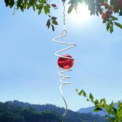 Gazing Ball Spiral Tail Windspiel Stabilisator, Garten Dekorationen Edelstahl Metall mit Haken & Rote Kristallglaskugel Outdoor hängende Dekoration Kinetic Yard 3D Swivel Art Sun Catchers