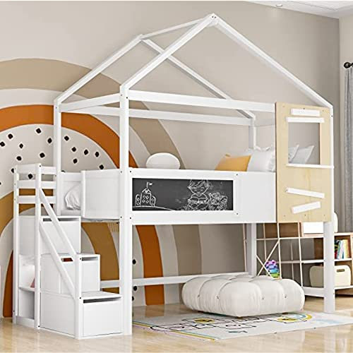 HESHU Hausbett 90x200 cm Kinderbett mit Treppe und Fenster, Stockbett mit 3 Schubladen für Kinder und Jugendliche