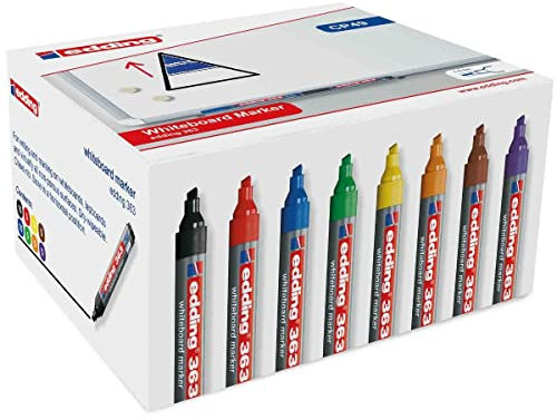 edding 363 whiteboard marker set - multi-coloured - 50 whiteboard pens - chisel tip 1-5 mm - whiteboard pen dry wipe - for whiteboards, flipcharts, magnetic, memo boards - sketchnotes - refillable