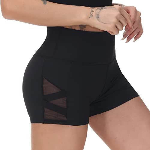 romansong Damen Mesh Kurze Leggings Yoga Hose mit Tasche Nicht Durchsichtig Hohe Taille Bauchkontrolle Hotpants - Schwarz - Mittel