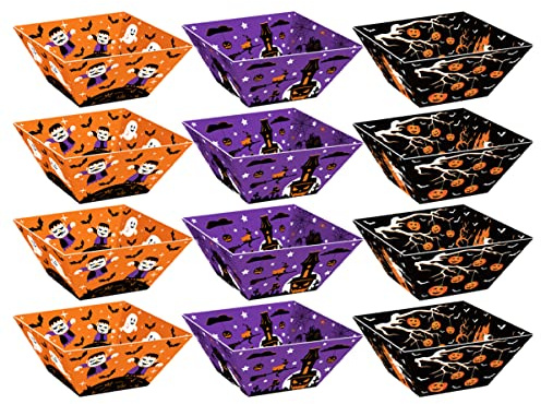 Cabilock 12Pcs Halloween Themed Snack Boxes, Pumpkin Spider Design Popcorn Cookies Treats Tray, Cardboard Food Containers for Party Favors Decorations