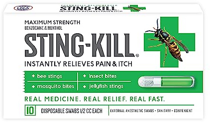Sting-kill First Aid Anesthetic Swabs, Instant Pain + Itch Relief from Bee Stings and Bug Bites, First Aid Kit Refill Supplies, 10-Count