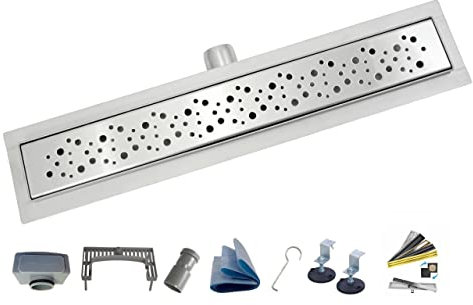 AQUA HEATING Blasen linearer Edelstahl-Bodenablauf superflach Einbauhöhe 54mm Komplettset für Badezimmer mit bodengleicher Dusche, Duschrinne Set, Duschablauf Siphon Rost 70 cm Silber