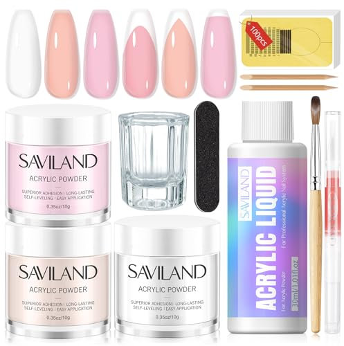 Saviland Acrylic Nail Kit: 3 Colors Acrylic Powder and Liquid Set with Nail Brush Cuticle Oil Nail Art Kit for for Beginners