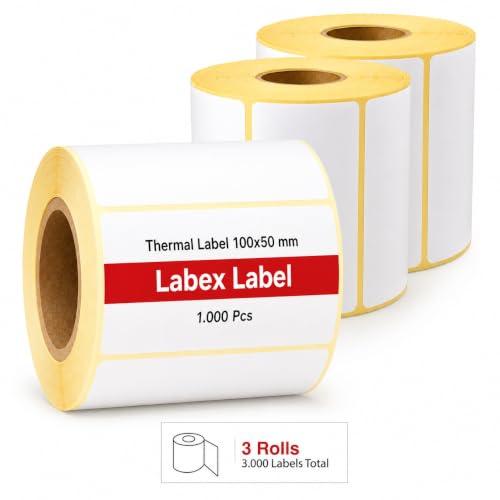 Thermoetiketten 100x50 mm auf Rolle – Versandetiketten Lageretiketten – 3 Rollen 3000 Etiketten – Thermodirekt ohne Farbband – kompatibel mit Zebra, TSC, Godex – Labex Label