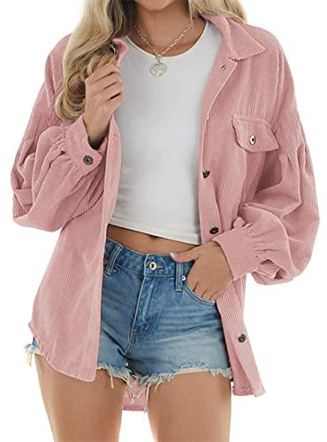 NLAVW Damen-Cordhemd mit Knopfleiste Damen-Oversized-Langarmjacke Bluse Oberteile Cordhemd Cordjacke,Rosa,S