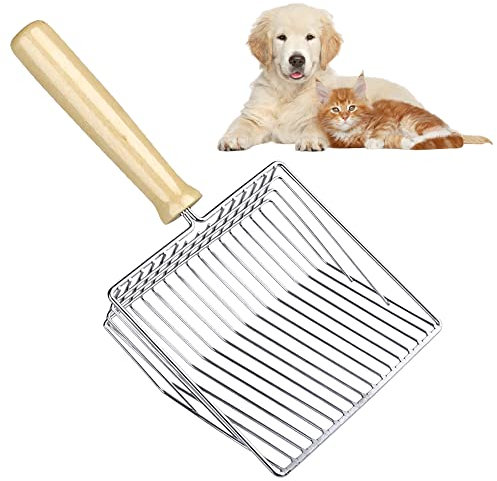 TogtherKings Katzenstreu Schaufel,Katzenstreuschaufel Aus Edelstahl,Schnelles Sieben Katzenstreuschaufel,mit bequemen Holzgriff,Schaufel Katzenklo,für Katzentoilette, Katzen, Hund,28cm (Silber)