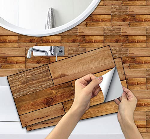 A.Monamour Stickers Carrelage Autocollants 3D Imitation Bois Effet Bois Imperméable Carrelage Adhésif PVC Décoration Murale pour Crédence de Cuisine Salle de Bain 15cmx30cm