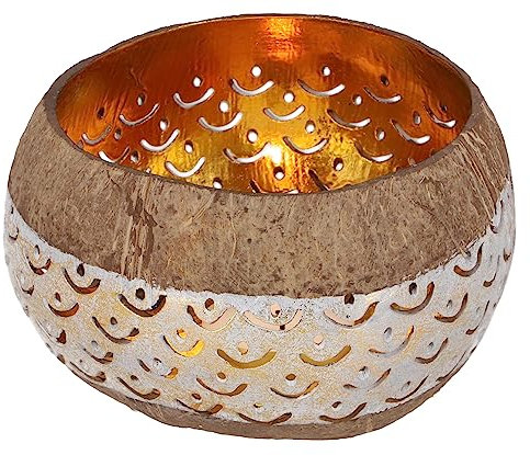 GURU SHOP Exotisches Kokosnuss Teelicht - Modell 5 Weiß, Mehrfarbig, Kokosnuß, 9x14x14 cm, Teelichthalter & Kerzenhalter