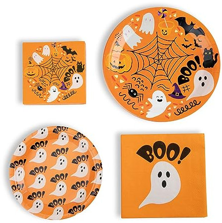 Fabuplates 80-teiliges Halloween-Teller und Servietten-Set – Einweg-Papier-Partyzubehör für 16 Gäste, Premium-Geschirr, gruselige Geburtstagsdekorationen, Kürbis, Hexe, Spinnennetz, Geister-Thema
